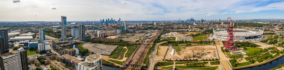 August 10, 2019. London, UK. Aerial view of the Olympic park in London with the the Olympic Stadium...