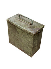 Old metal military box isolate on a white background. Green rusty drawer with handle and lock.
