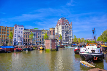 Fototapeta premium Rotterdam, Netherlands - April 29, 2019 - The canals and waterways in Rotterdam, the Netherlands on a sunny day.