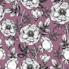 Illustration of graphic flowers and leaves. Seamless pattern for wallpaper and fabric design.