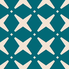 Vector geometric seamless pattern with crosses, diamonds. Teal and beige color