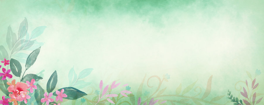 Watercolor flowers painted on soft green and white background texture, wedding floral border design