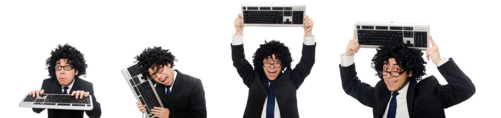 Young employee with keyboard isolated on white