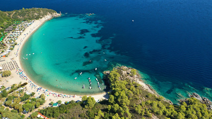 Aerial drone photo of famous turquoise sandy beach of Armenistis in South Sithonia peninsula,...