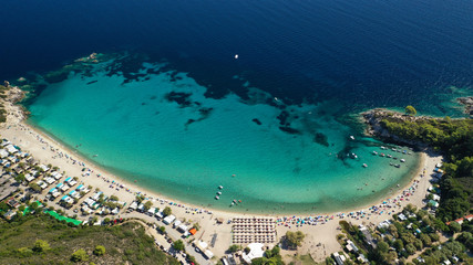 Aerial drone photo of famous turquoise sandy beach of Armenistis in South Sithonia peninsula, Halkidiki, North Greece