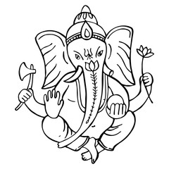  Hand drawn Ganesha on white  background. Sketch illustration