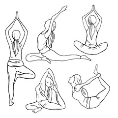 Yoga. Hand drawn girls on white background. Vector sketch illustration.
