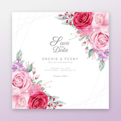 Save the date floral frame with watercolor flowers border. Editable wedding invitation cards vector