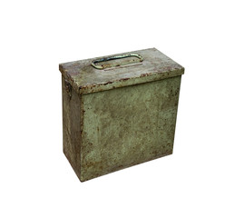 Old metal military box isolate on a white background. Green rusty drawer with handle and lock.