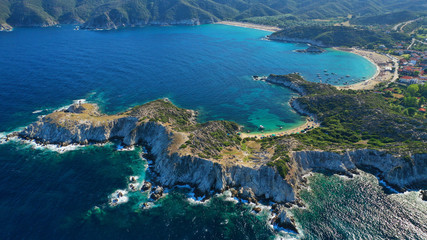 Aerial drone photo of famous emerald sandy beaches of Kalamitsi in South Sithonia peninsula, Halkidiki, North Greece