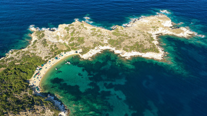 Aerial drone photo of famous emerald sandy beaches of Kalamitsi in South Sithonia peninsula, Halkidiki, North Greece