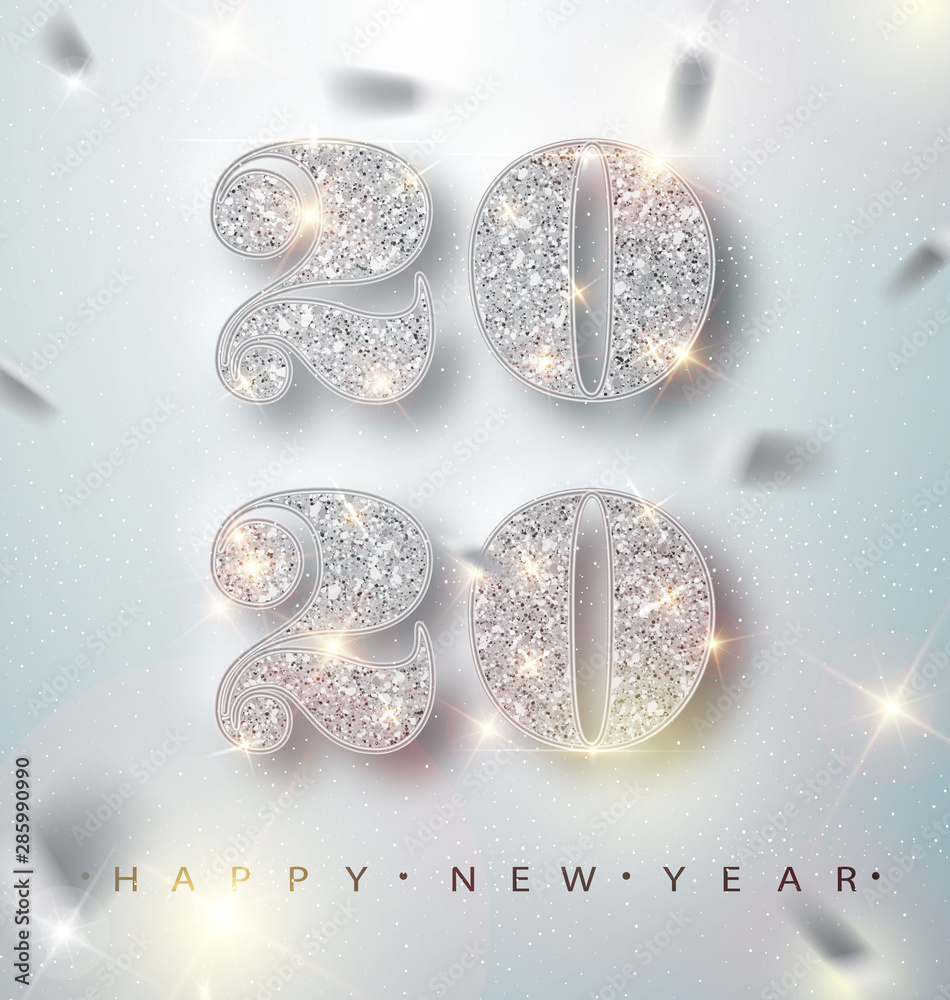 Wall mural happy new year 2020 greeting card with silver numbers and confetti frame on white background. vector