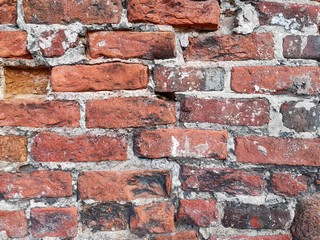 Fragment of an old bricked wall with cement joints. Background