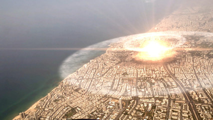 Atom Nuclear Bomb Exploding Over City Illustration