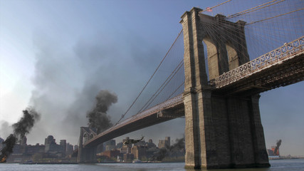 New York City and brooklyn bridge under attack with smoke  Illustration - obrazy, fototapety, plakaty