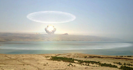 Nuclear Atom Explosion Over The Mountians Desert And sea - obrazy, fototapety, plakaty