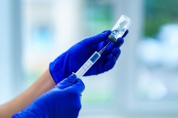 Vaccine during flu and measles epidemic. Prevention viral infectious diseases. Using syringe for...