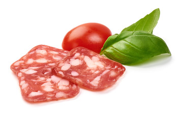 Sliced square salami, isolated on white background