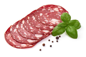 Sliced Milano salami, traditional dried sausage, jerked meat, isolated on white background