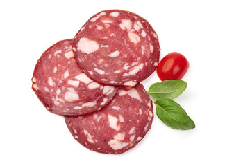 Sliced Milano salami, traditional dried sausage, jerked meat, isolated on white background
