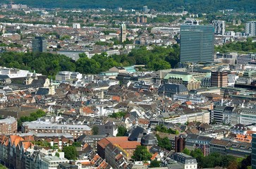 Fototapeta na wymiar Aerial view of Düsseldorf in Germany seen from the Rhine tower
