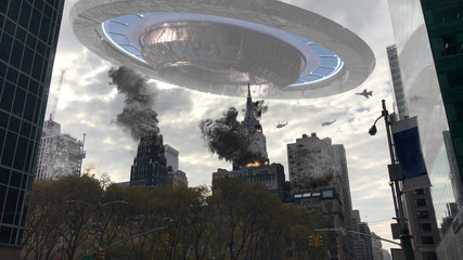 Alien Spaceship Invasion Over Destroyed New York Illustration