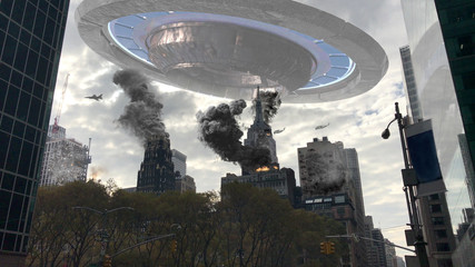 Alien Spaceship Invasion Over Destroyed New York Illustration