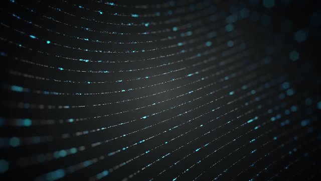 Abstract background with animation of technology data transfer in optical fibers or different abstract cables as glow lines and glow particles. Animation of seamless loop.