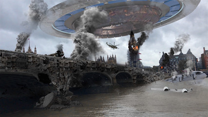 Alien Spaceship Invasion Over Destroyed London City Illustrattion - obrazy, fototapety, plakaty