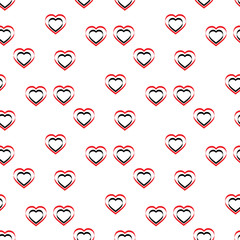 Simple black and red hearts seamless vector pattern. Valentines day background. Flat design endless chaotic texture made of tiny heart silhouettes. Shades of red.