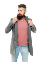 Bearded hipster brutal person. Casual outfit. School of good manners. Tips and tricks handsome man....