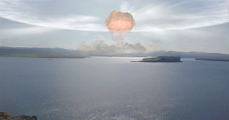 Nuclear Atom Bomb Over The Mountains Illustration - obrazy, fototapety, plakaty