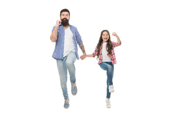 On same wave concept. Bearded father and small child walking or running together. Move on. Lets move. Kid and dad cheerful friends in motion. Move in same direction. Following fathers example