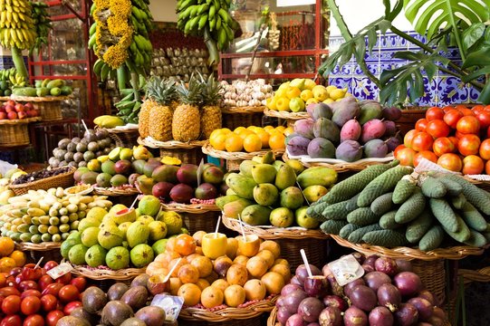 Colored fruits and vegetables in a fruit and vegetable market (Funchal, Madeira, Portugal)