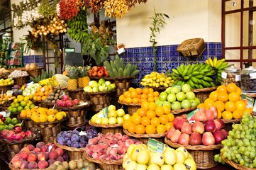 Colored fruits and vegetables in a fruit and vegetable market (Funchal, Madeira, Portugal)