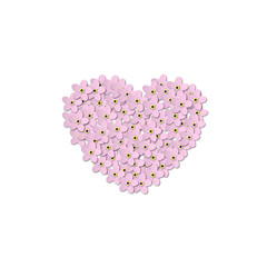 Pink Forget-me-not Flowers on a white background. Heart shaped design in the center. Paper Cut Vector illustration