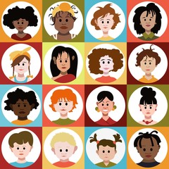 Kids Avatar Set Vector. Boys and girls. Cute image. Funny Avatar. Round Portrait.Flat Cartoon Character Illustration