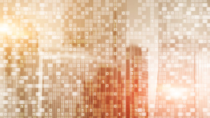 Digital code on blur city background. Abstract Binary code.