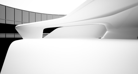 Abstract smooth architectural white and black gloss interior of a minimalist house with large windows. 3D illustration and rendering.