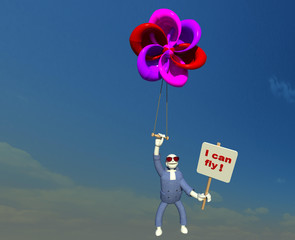 Flying in the air 3D illustration 2. A character floating in the sky with colorful flower shape balloon, holding a sign. Collection.
