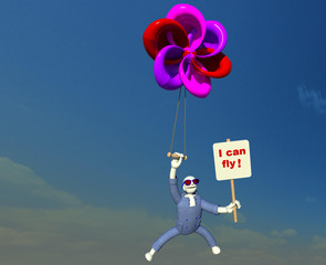 Flying in the air 3D illustration 1. A character floating in the sky with colorful flower shape balloon, holding a sign. Collection.