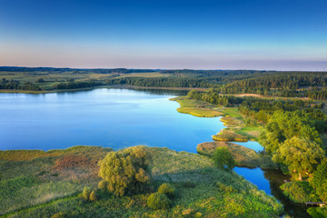 Elk River estuary to the Lake Haleckie. Aerial view. Masuria, Poland.