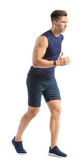 Running young man on white background