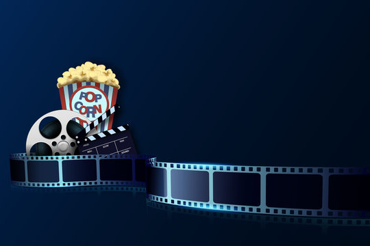 Movie film reel, film stripe, clapper board, popcorn isolated on blue background. Cinema tape or film strip with empty space for your text. Old movie cinema banner design. Vector film festival