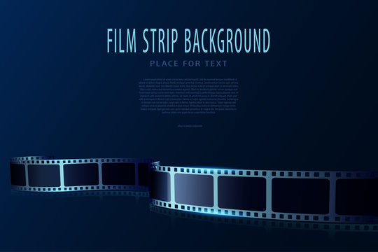 Real film strips in waveform. Cinema vector poster design template. 3d flyer or poster festival isolated on blue background. Movie time background. Cinematography concept of film industry