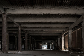 Interior view of abandoned factory warehouse in Detroit, Michigan