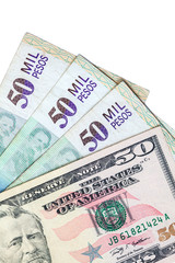 Fototapeta na wymiar Exchange rate between US dollar and Colombian peso in 2019. More than 3000 pesos each dollar