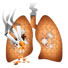 Concept: Lung cancer triggered by smoking. Smoke Fighting Campaign. Puzzles representing cells and the process of malignancy, oncology. Isolated