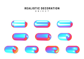 Set capsule Realistic geometric shapes with holographic color gradient. Hologram decorative design elements isolated white background. 3d objects shaped blue color. vector illustration.