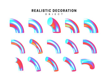Set Realistic geometric shapes with holographic color gradient. Hologram decorative design elements isolated white background. 3d objects shaped blue color. vector illustration.
